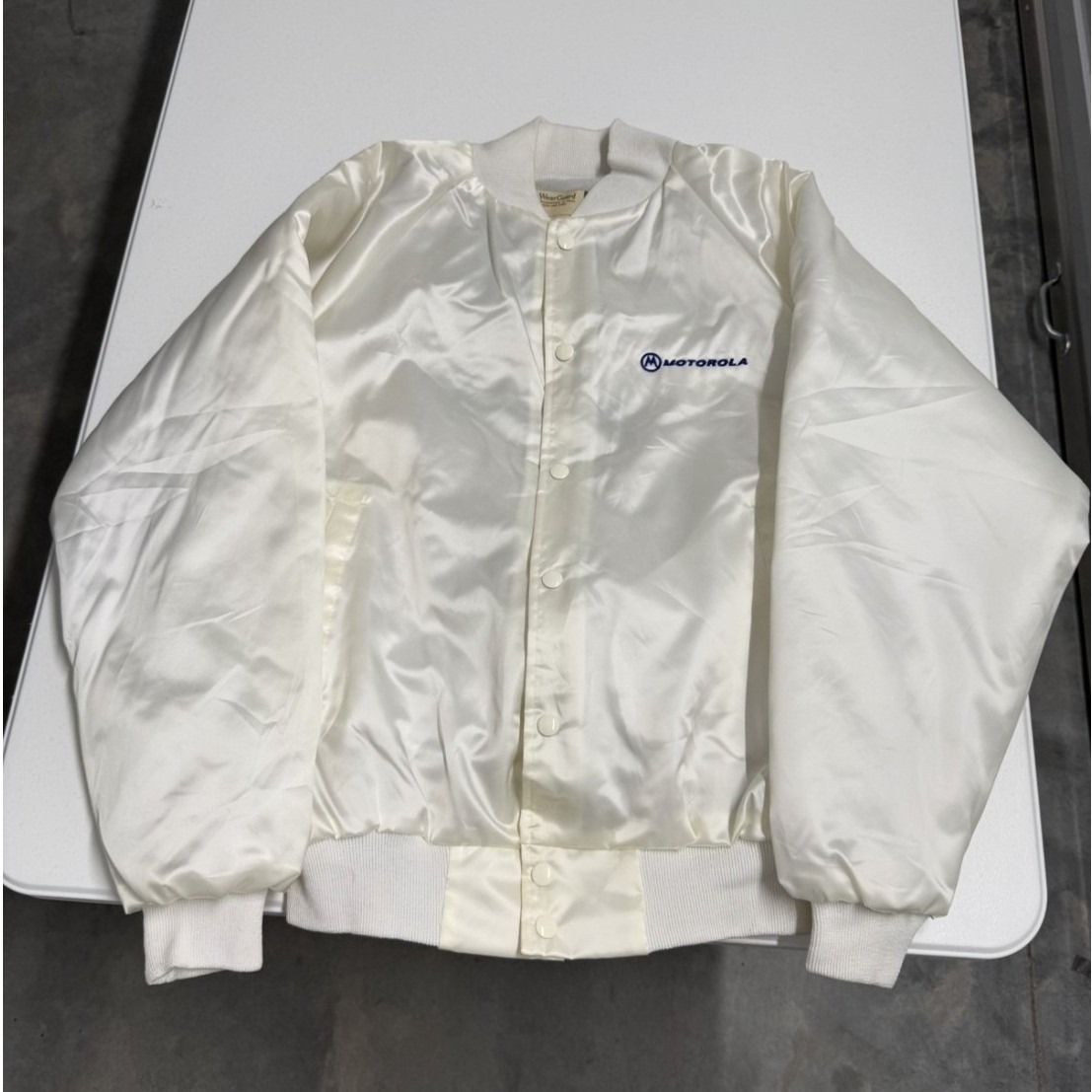 Vintage Motorola Racing Satin Bomber Jacket White Snap Front Mens M